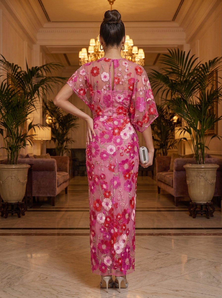 Embroidered Mesh Short Sleeve Maxi Evening Gown