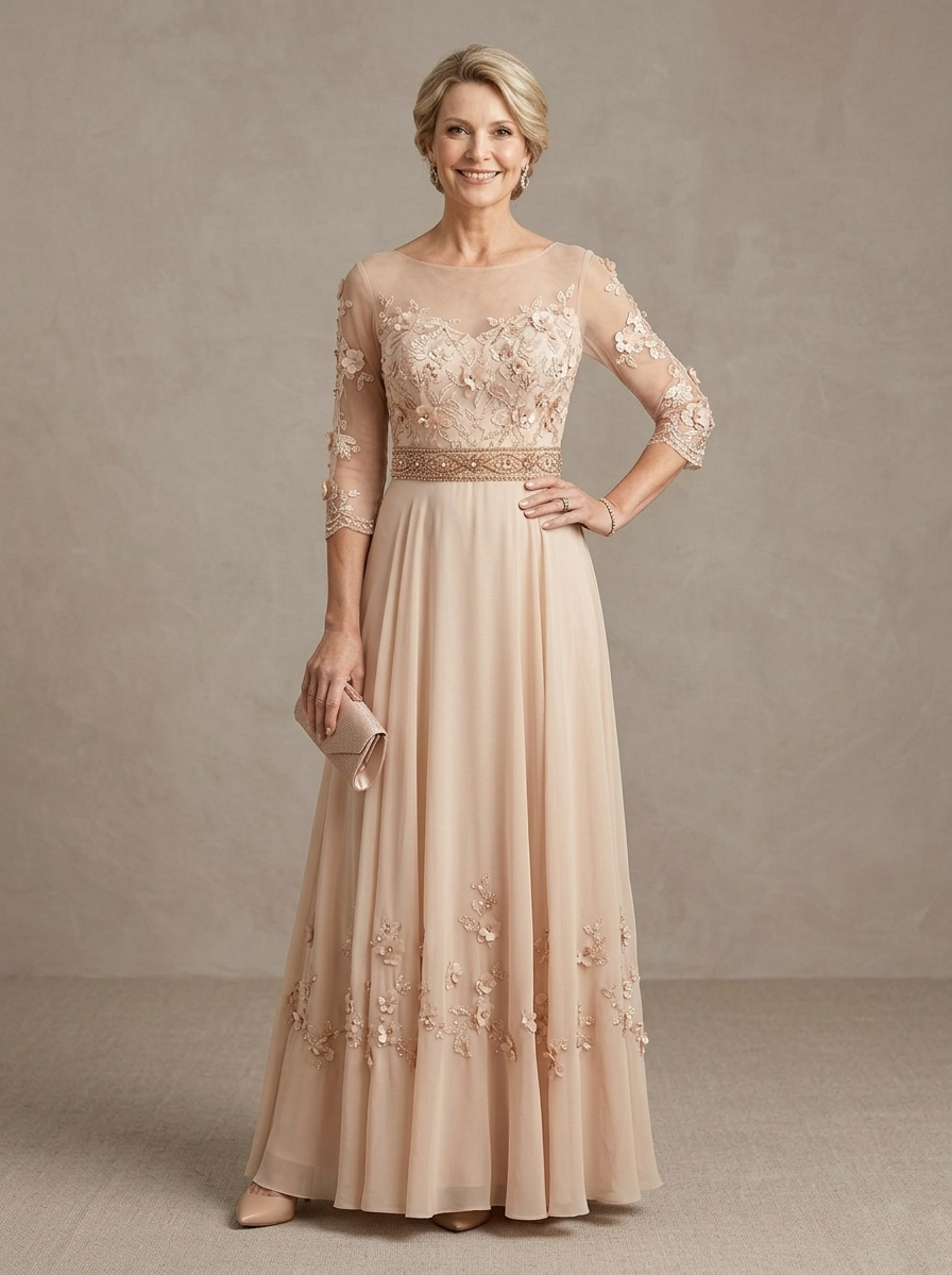 Elegant Illusion Lace and Chiffon A-Line Gown with Embellished Waist