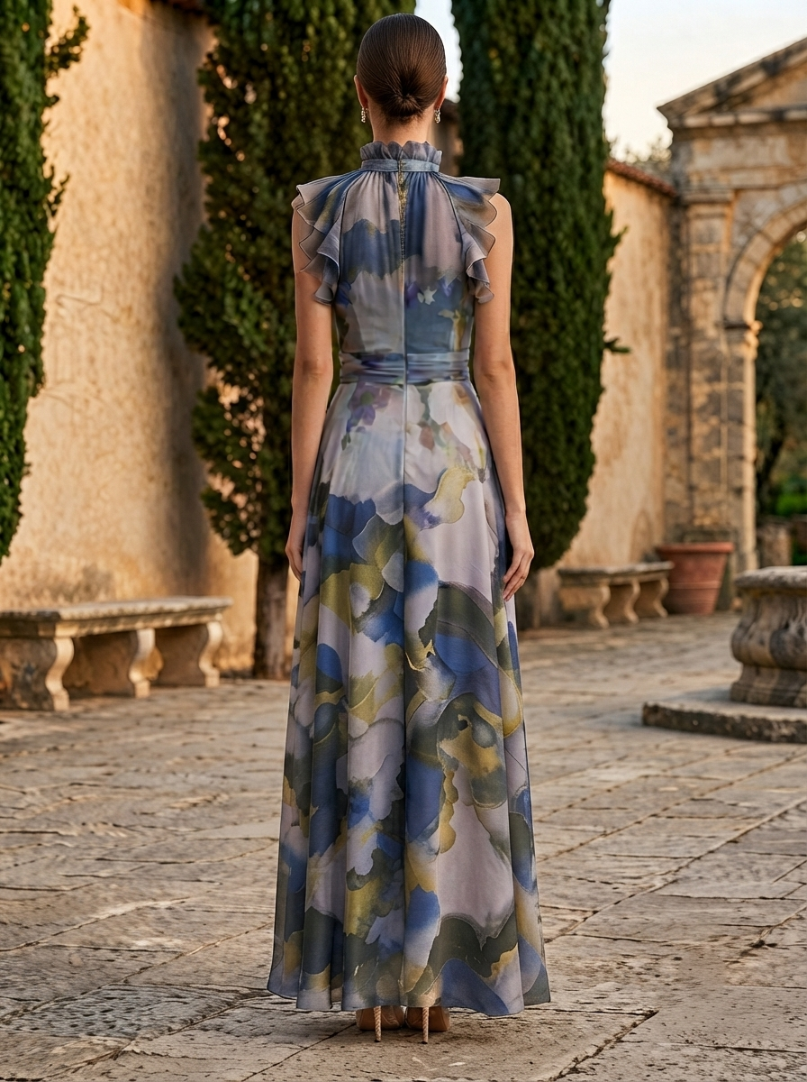 Ruffled Halter Floral Chiffon Evening Gown