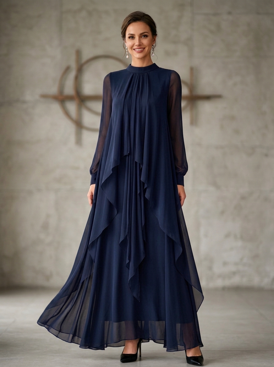 High Neck Long Sleeve Tiered Asymmetric Chiffon Evening Gown