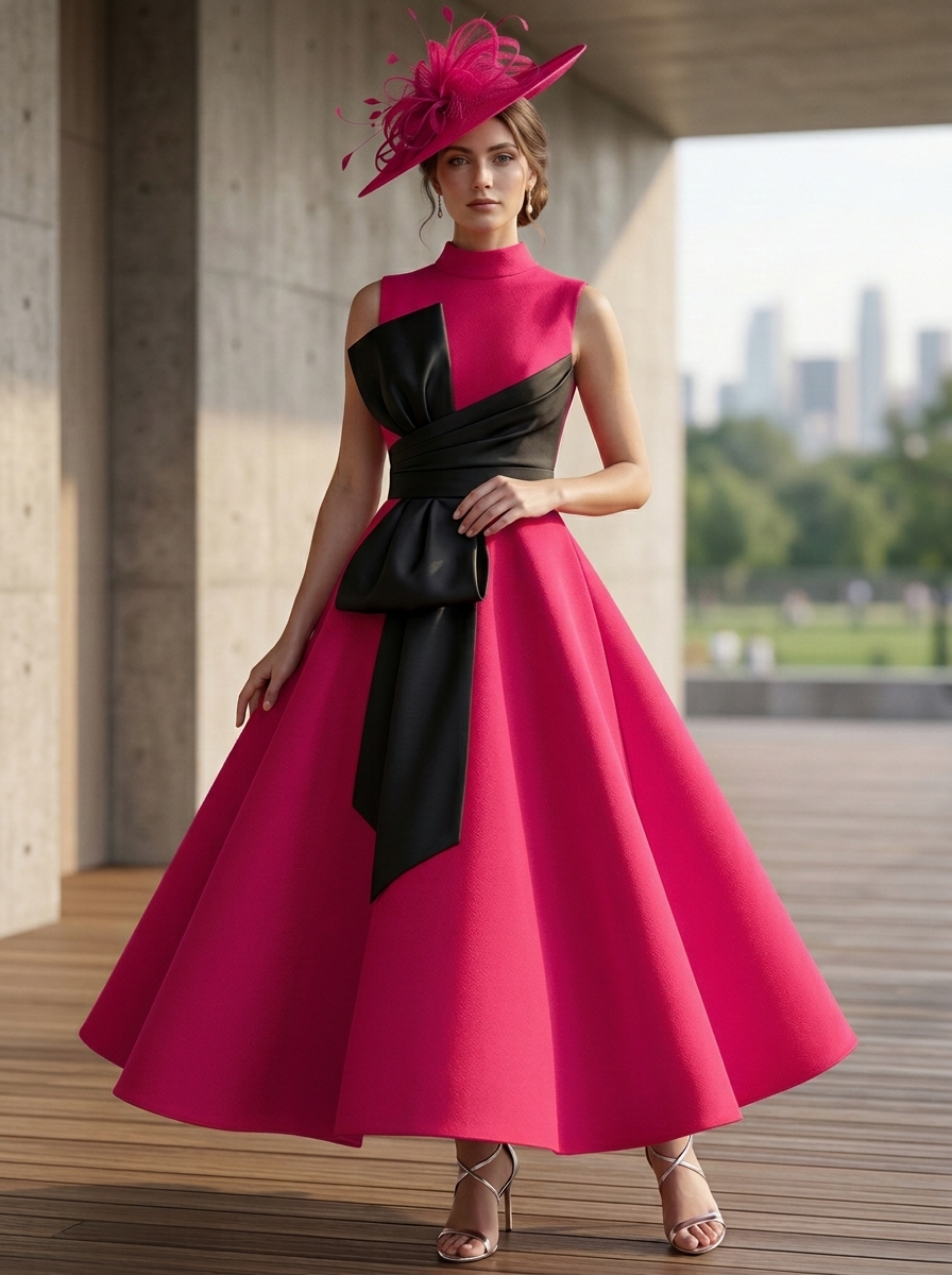 Sleeveless High Neck Mikado Satin Ankle-Length A-Line Dress With Contrast Bow