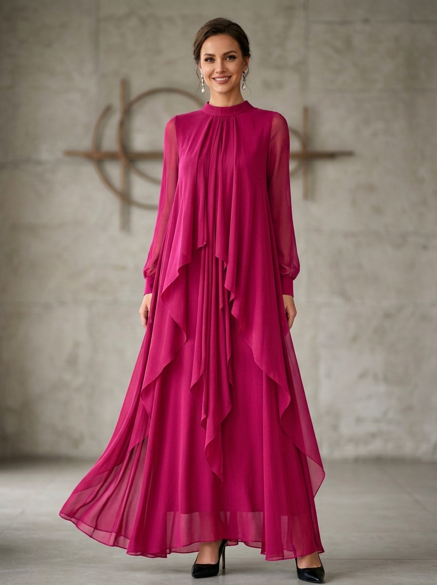 High Neck Long Sleeve Tiered Asymmetric Chiffon Evening Gown