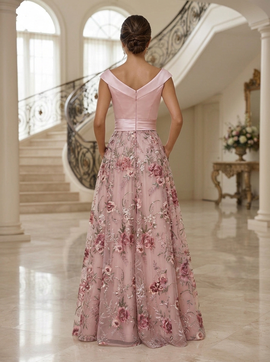 A-Line Floral Jacquard Floor-Length Mother of the Bride & Groom Dresses with Ruched Satin Bodice