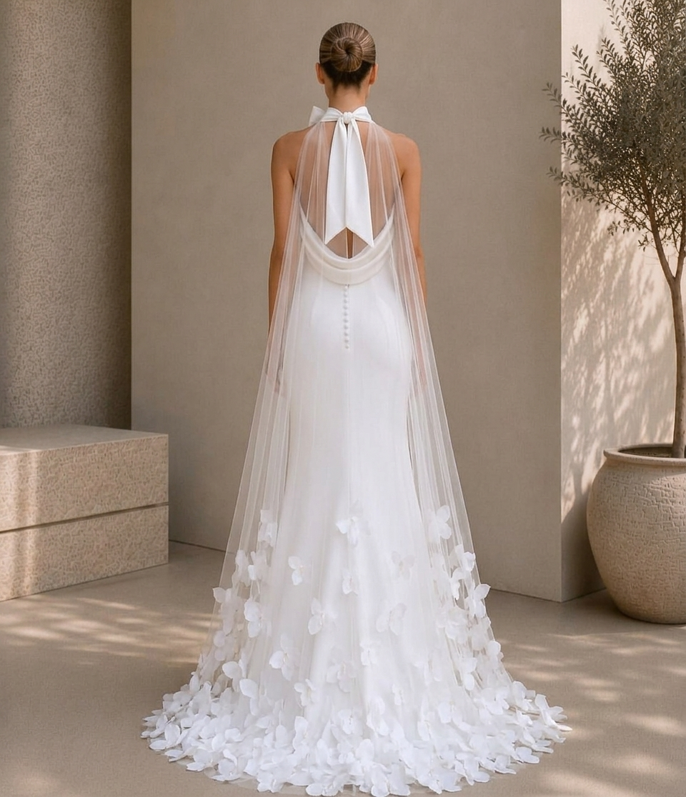 Halter Neck Butterfly Appliqué Evening Gown with Detachable Cape