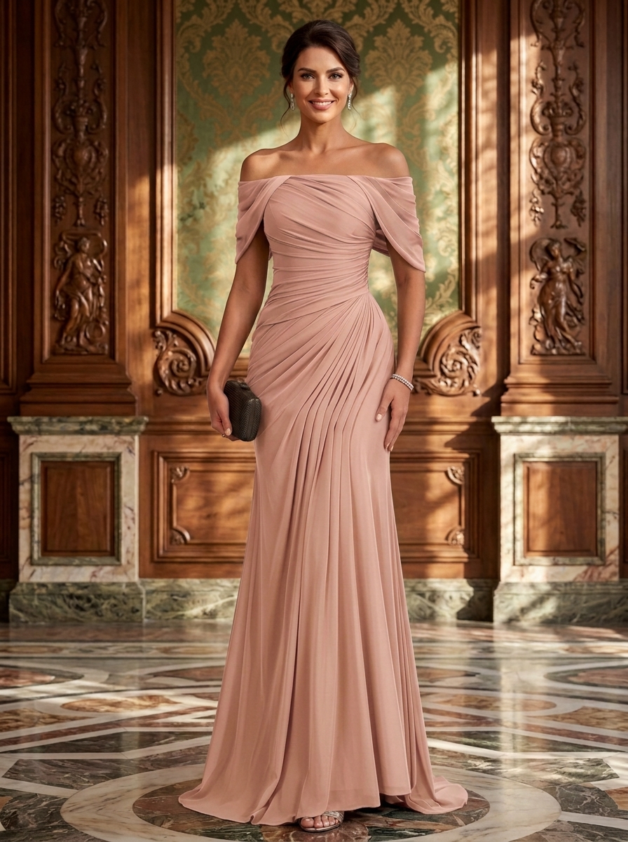 Off-Shoulder Ruched Chiffon Mermaid Evening Gown