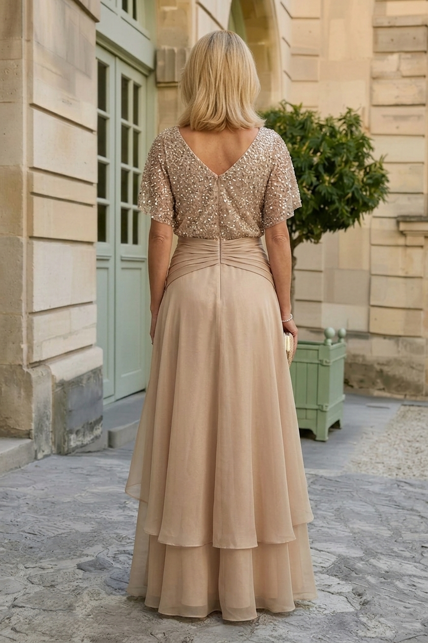 Sparkly Sequined Champagne Satin Mermaid Long Mother of the Bride Dress