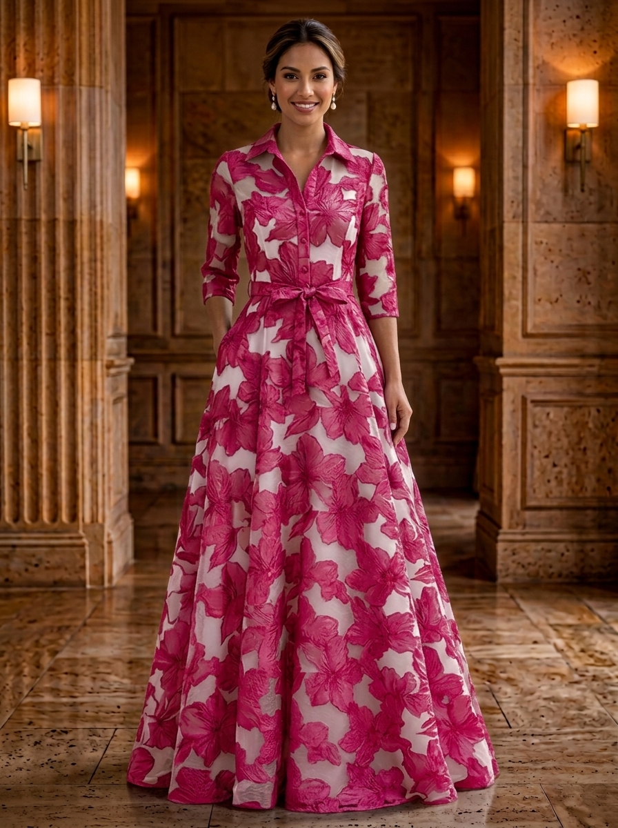 3/4 Sleeve Shirt Collar Floral Jacquard Organza Evening Gown With Belt