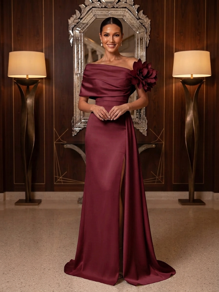 One-Shoulder Draped Satin Evening Gown With 3D Floral Applique