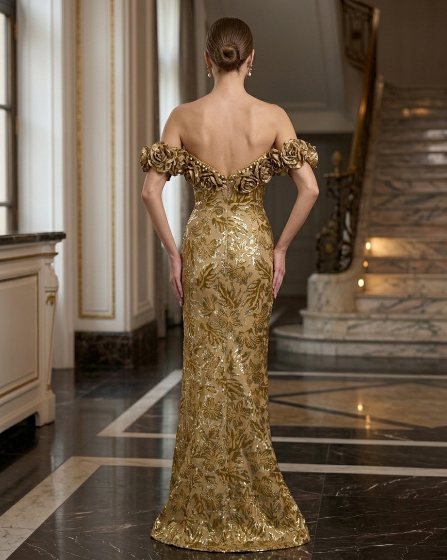 Off-Shoulder Floral Jacquard Evening Gown With 3D Rosettes