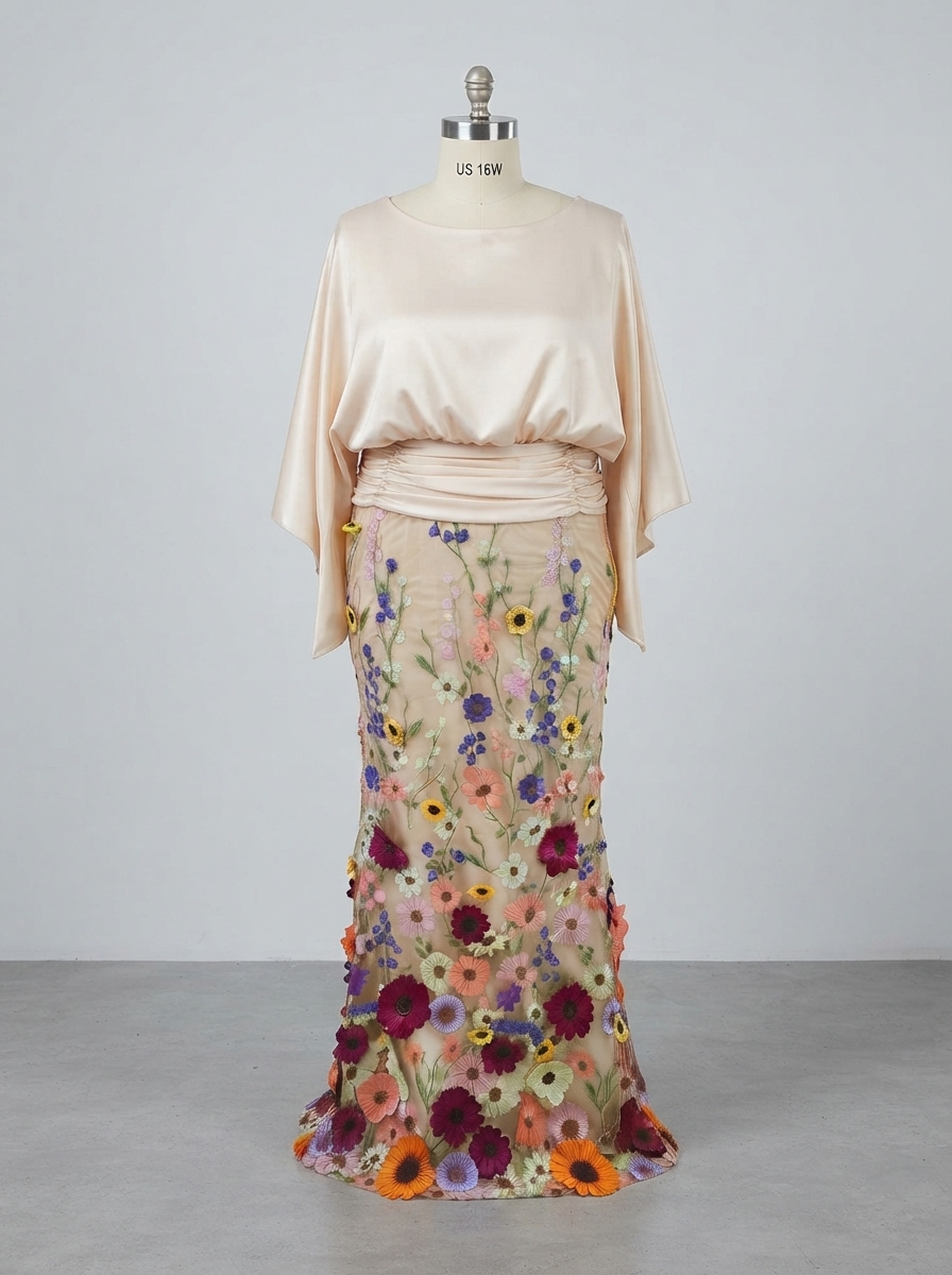 Champagne Satin Capelet & Colorful 3D Floral Mermaid Maxi Dress