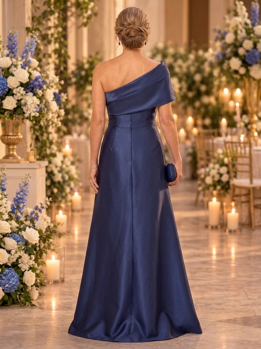 One-Shoulder Beaded Satin Evening Gown