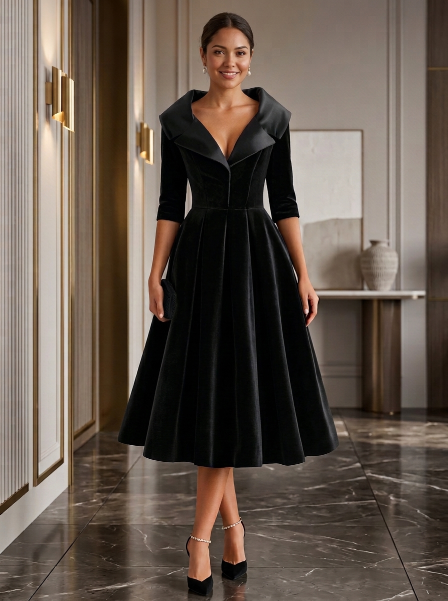 3/4 Sleeve Portrait Lapel Velvet Midi Cocktail Dress
