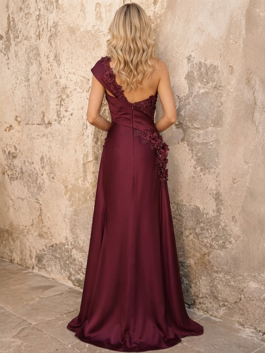 One-Shoulder Floral Appliqué Satin Gown