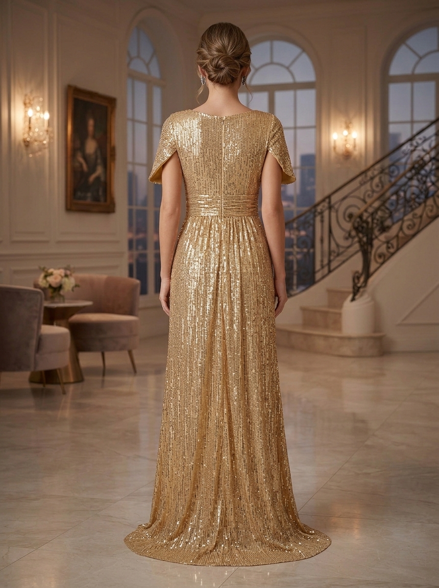 Formal Evening Gold V-Neck Sequins Maxi Dress
