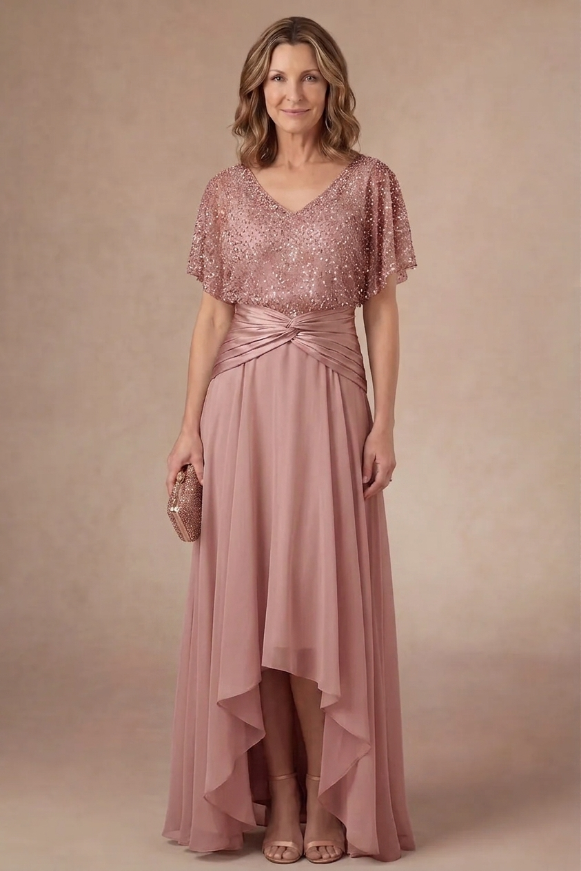 Champagne Sparkly Beaded V Neck High Low Mother of the Bride Dress