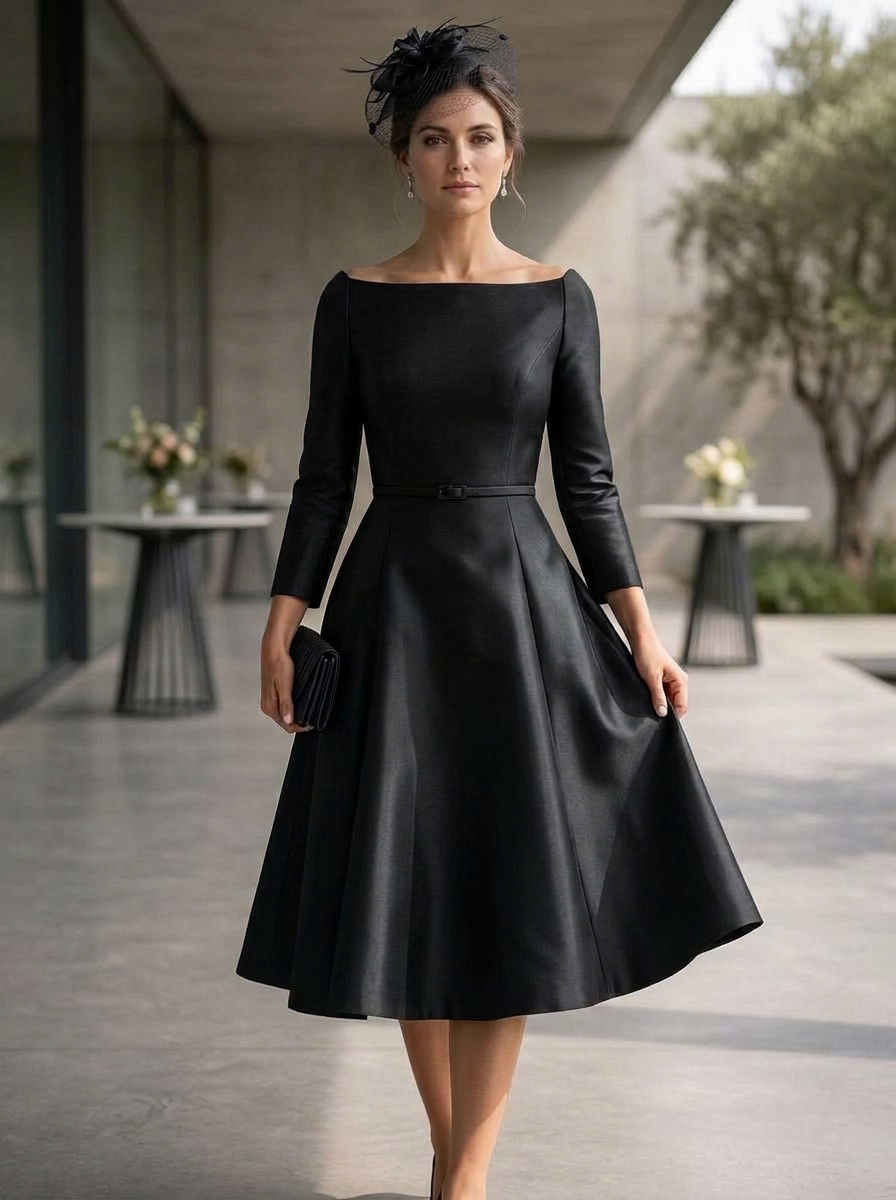 Off-The-Shoulder 3/4 Sleeve Mikado Satin Midi A-Line Dress With Belt
