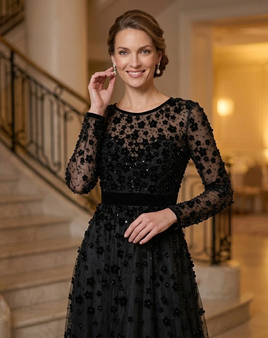 Long Sleeve 3D Floral Applique Tulle Evening Gown With Velvet Trim