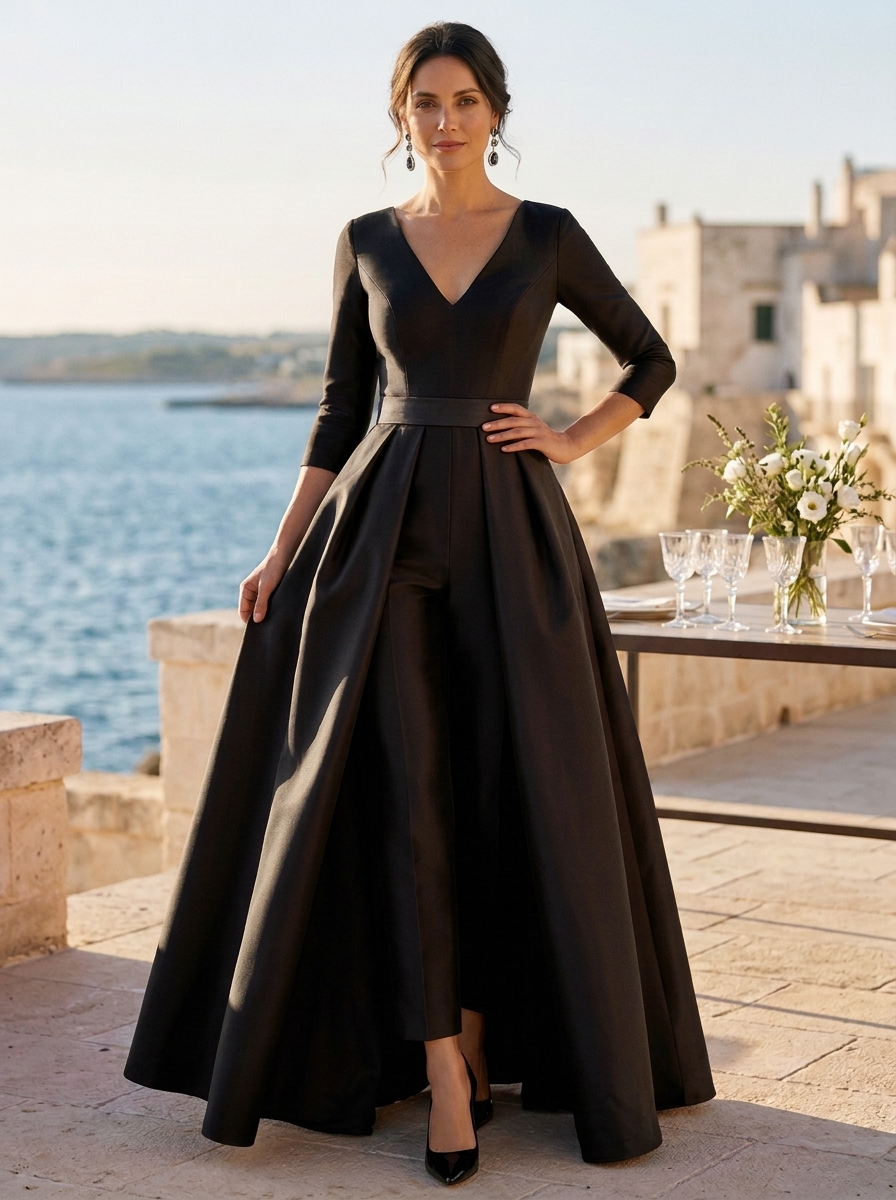 V-Neck 3/4 Sleeve Satin Jumpsuit With Overskirt and Bow Detail