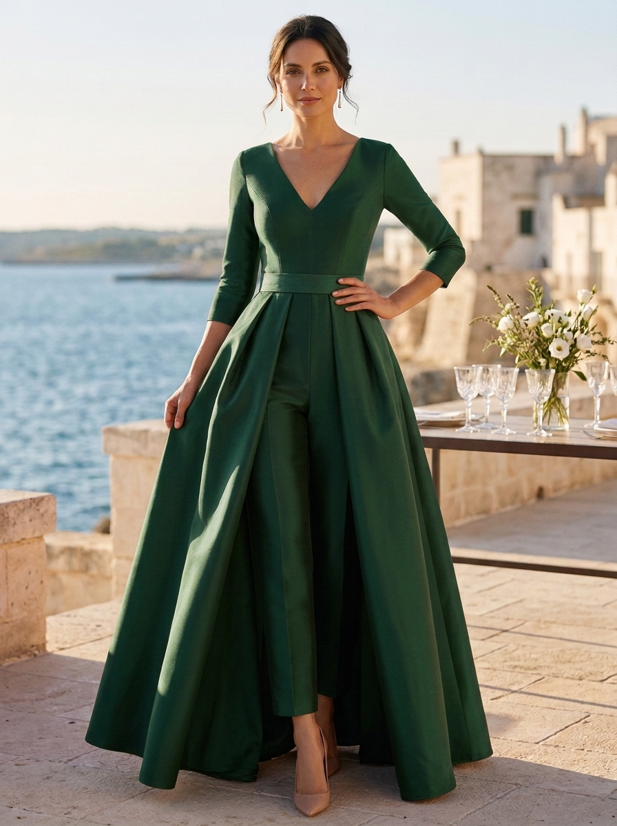 V-Neck 3/4 Sleeve Satin Jumpsuit With Overskirt and Bow Detail