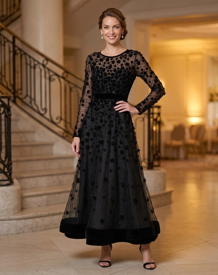 Long Sleeve 3D Floral Applique Tulle Evening Gown With Velvet Trim