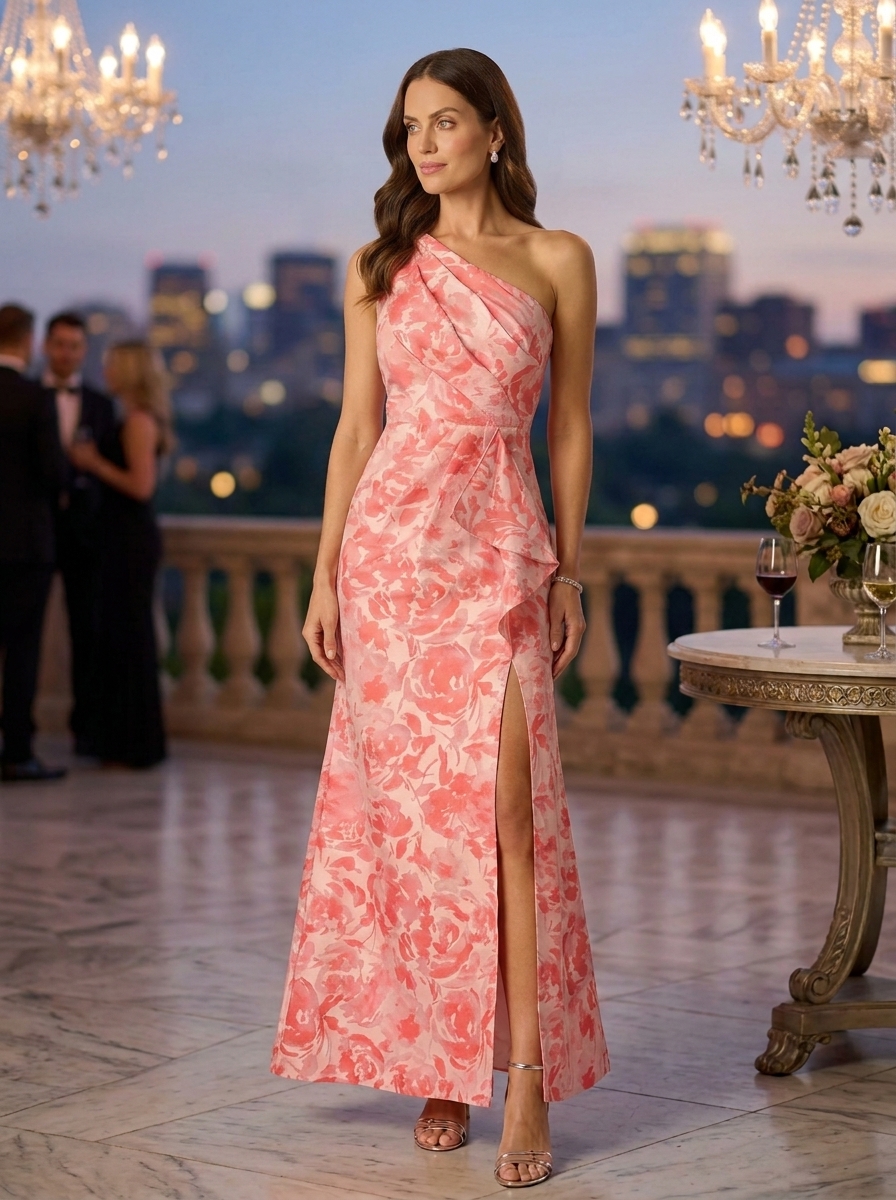 One-Shoulder Floral Jacquard Evening Gown With Slit