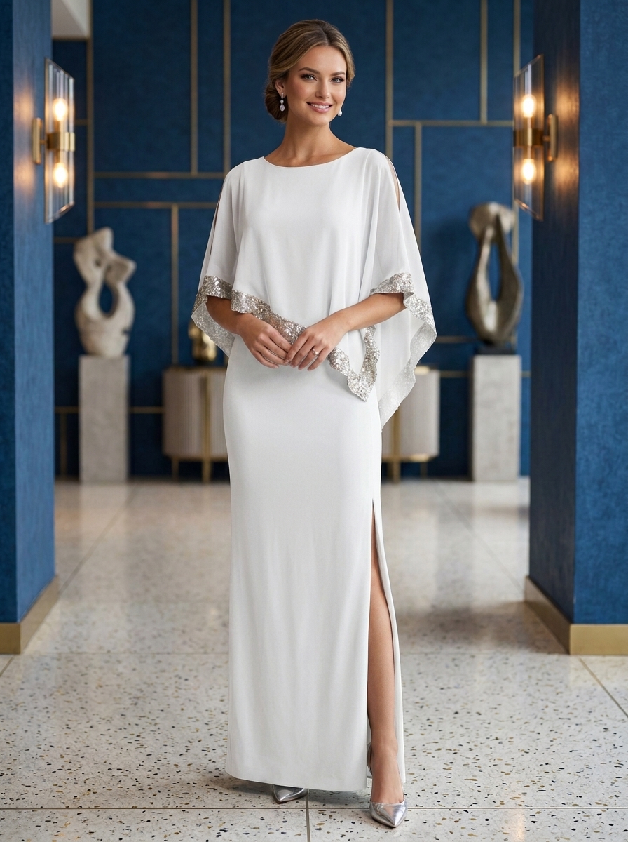 Cold-Shoulder Sequin Trimmed Chiffon Capelet Crepe Evening Gown With Slit