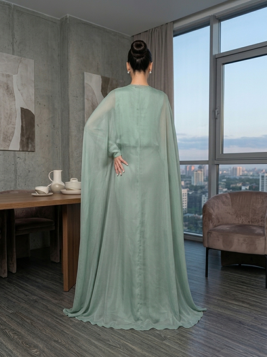 Two-Piece Chiffon Cape and Satin Maxi Skirt Evening Set