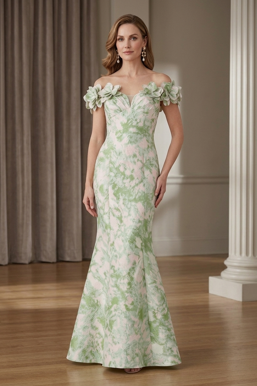 3D Floral Appliqué Off-the-Shoulder Mermaid Evening Gown