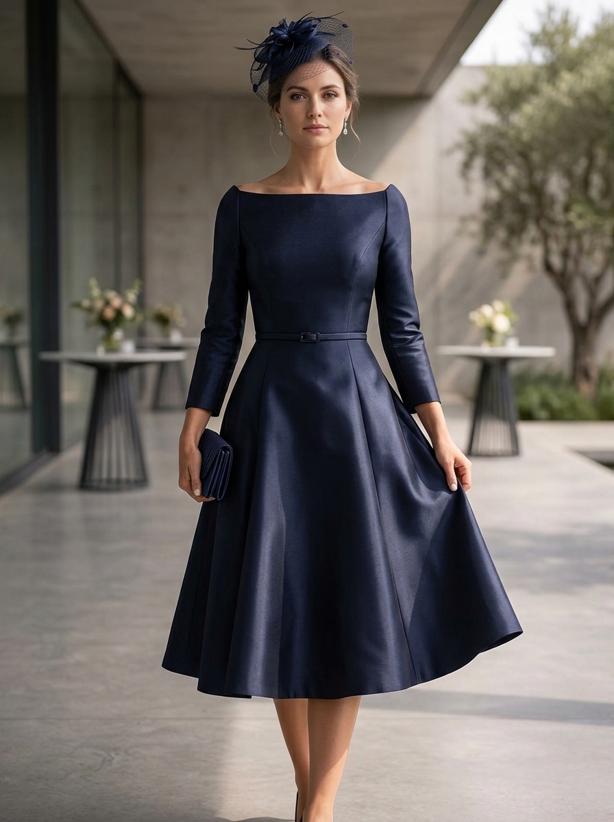 Off-The-Shoulder 3/4 Sleeve Mikado Satin Midi A-Line Dress With Belt