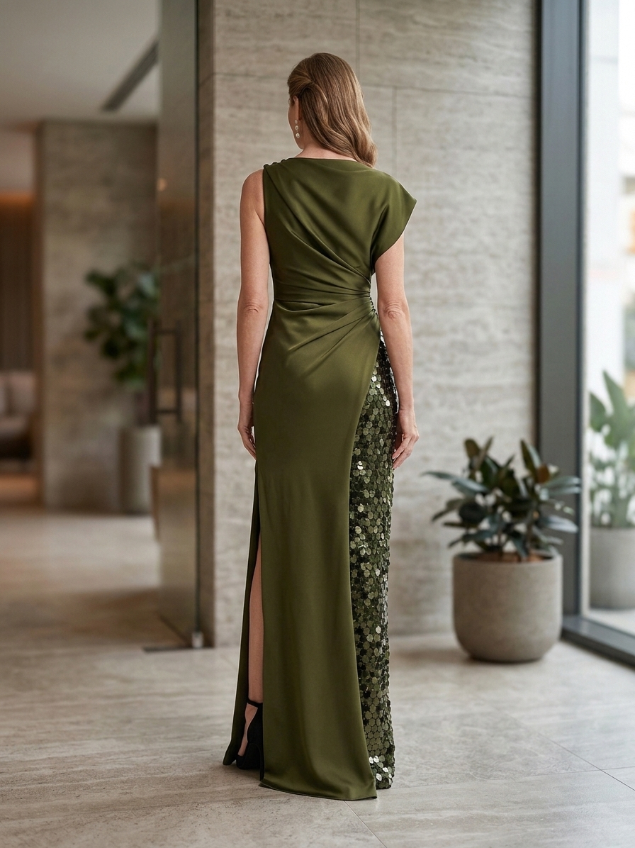 Asymmetric Draped Satin and Sequin Evening Gown