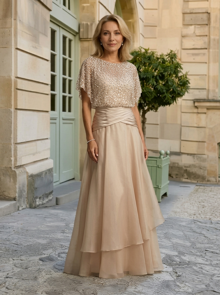 Sparkly Sequined Champagne Satin Mermaid Long Mother of the Bride Dress