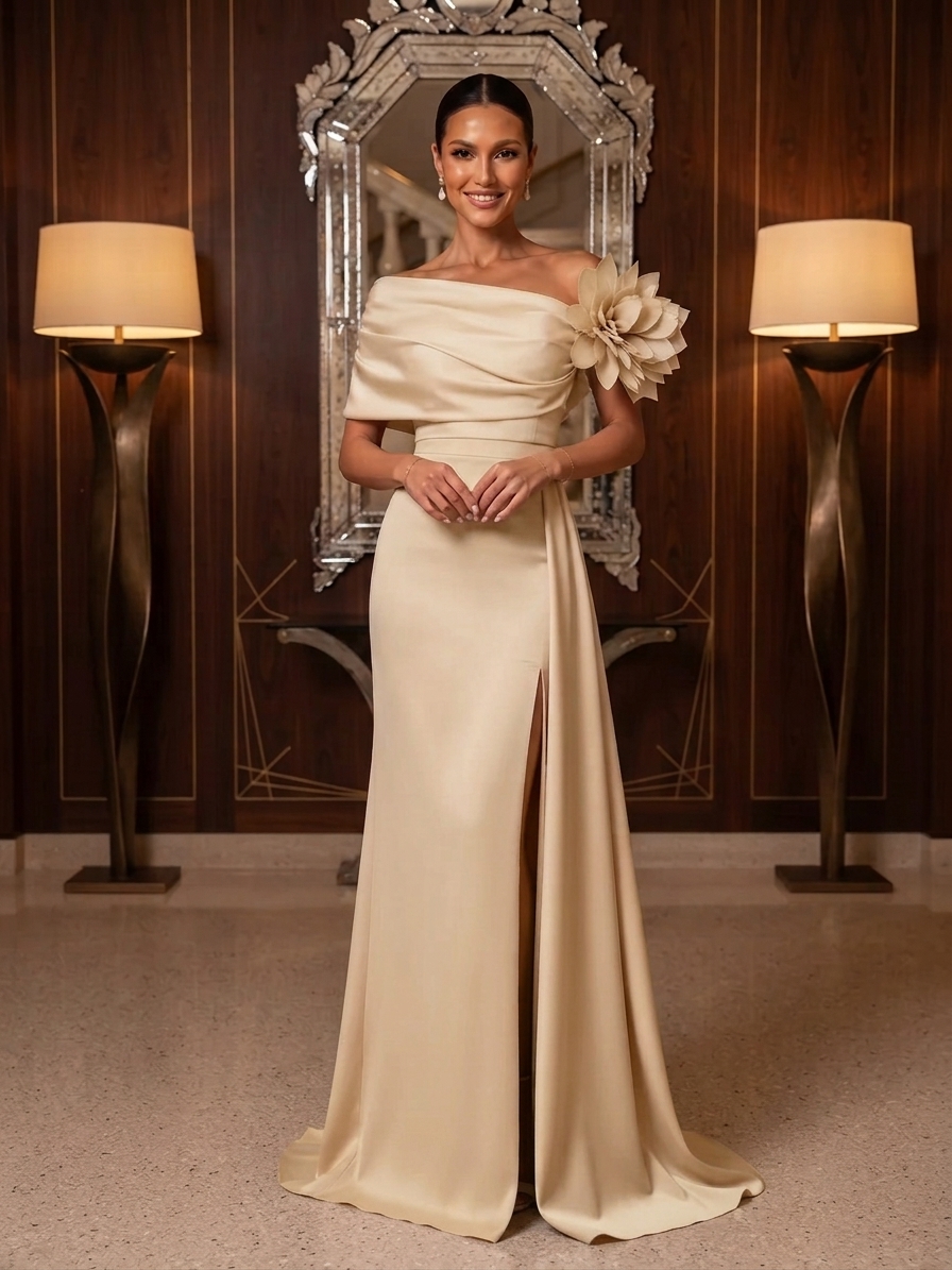 One-Shoulder Draped Satin Evening Gown With 3D Floral Applique