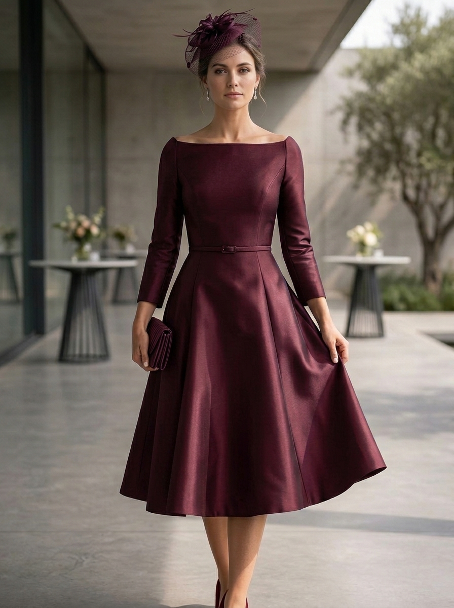 Off-The-Shoulder 3/4 Sleeve Mikado Satin Midi A-Line Dress With Belt