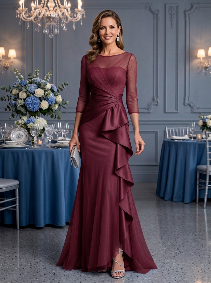 3/4 Sleeve Ruched Tulle and Satin Evening Gown With Cascading Ruffles