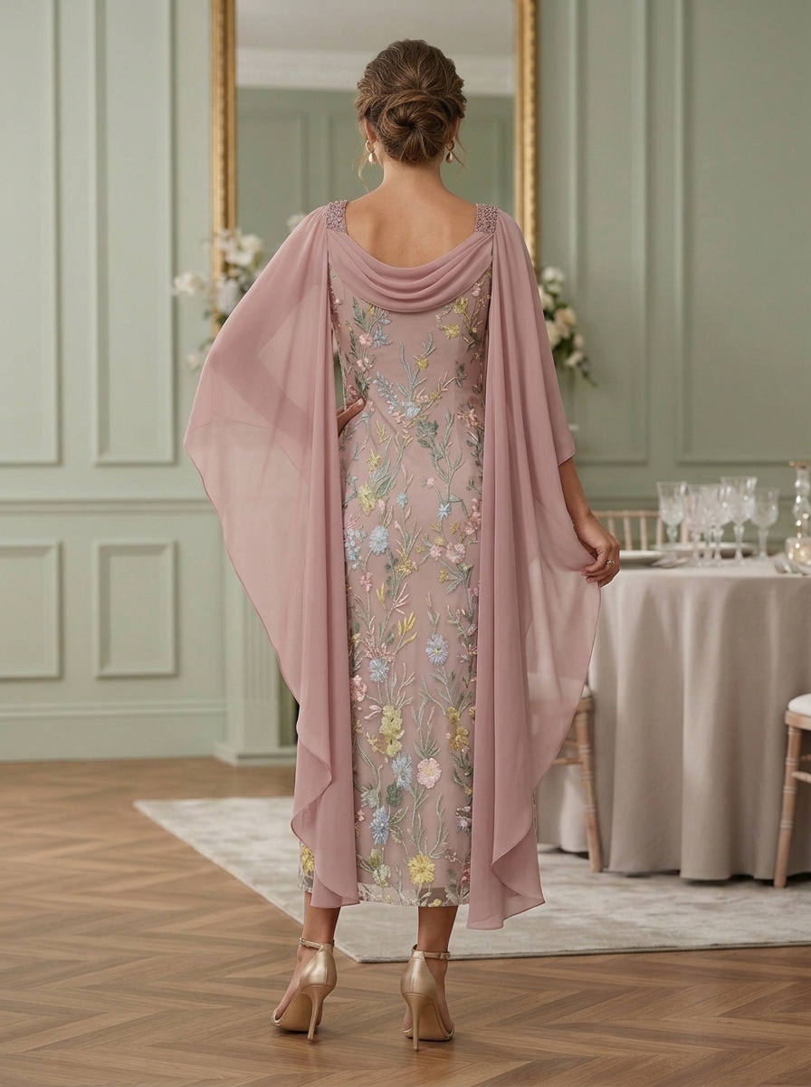 Embroidered Mesh Midi Dress With Chiffon Capelet