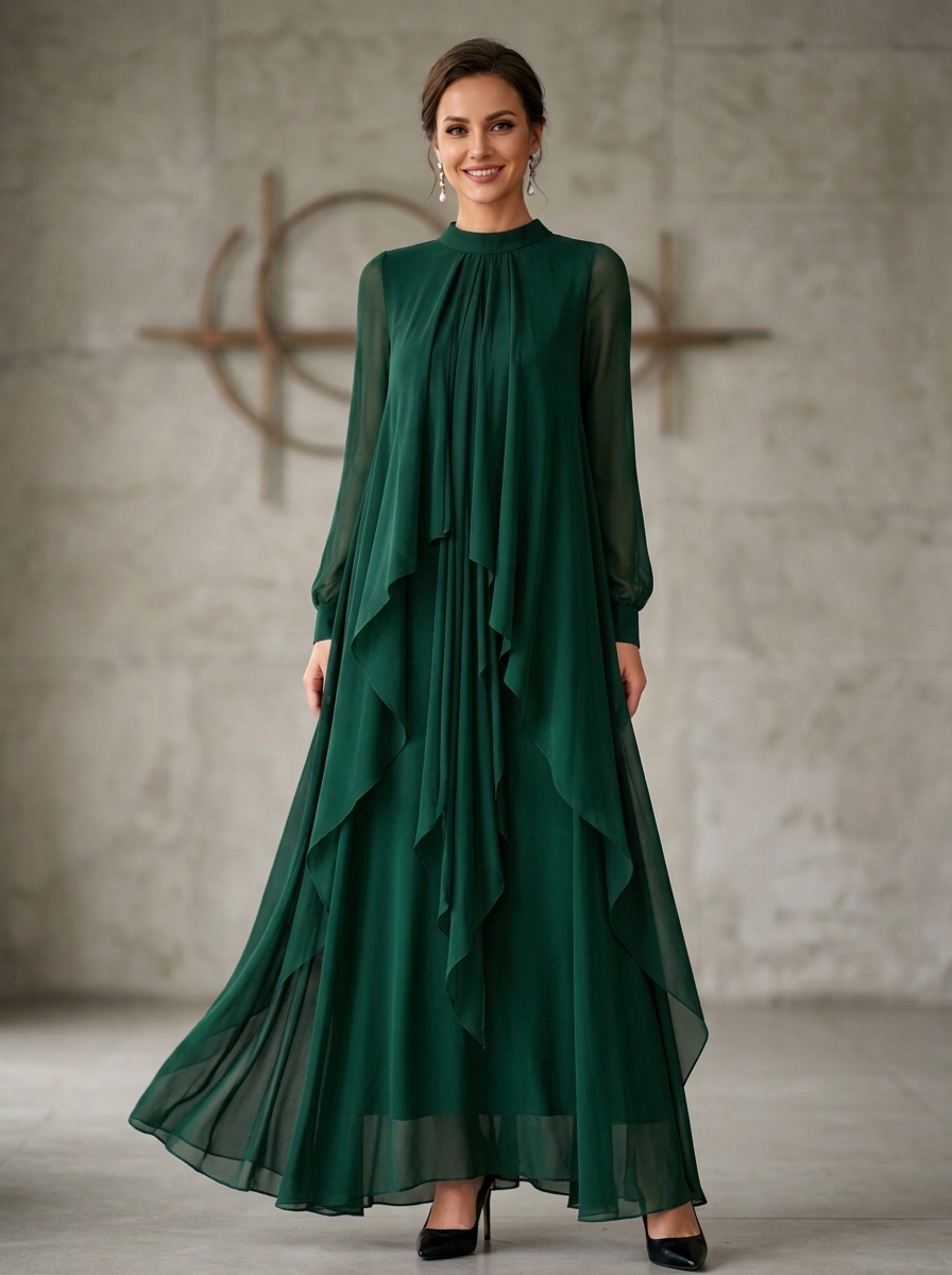 High Neck Long Sleeve Tiered Asymmetric Chiffon Evening Gown