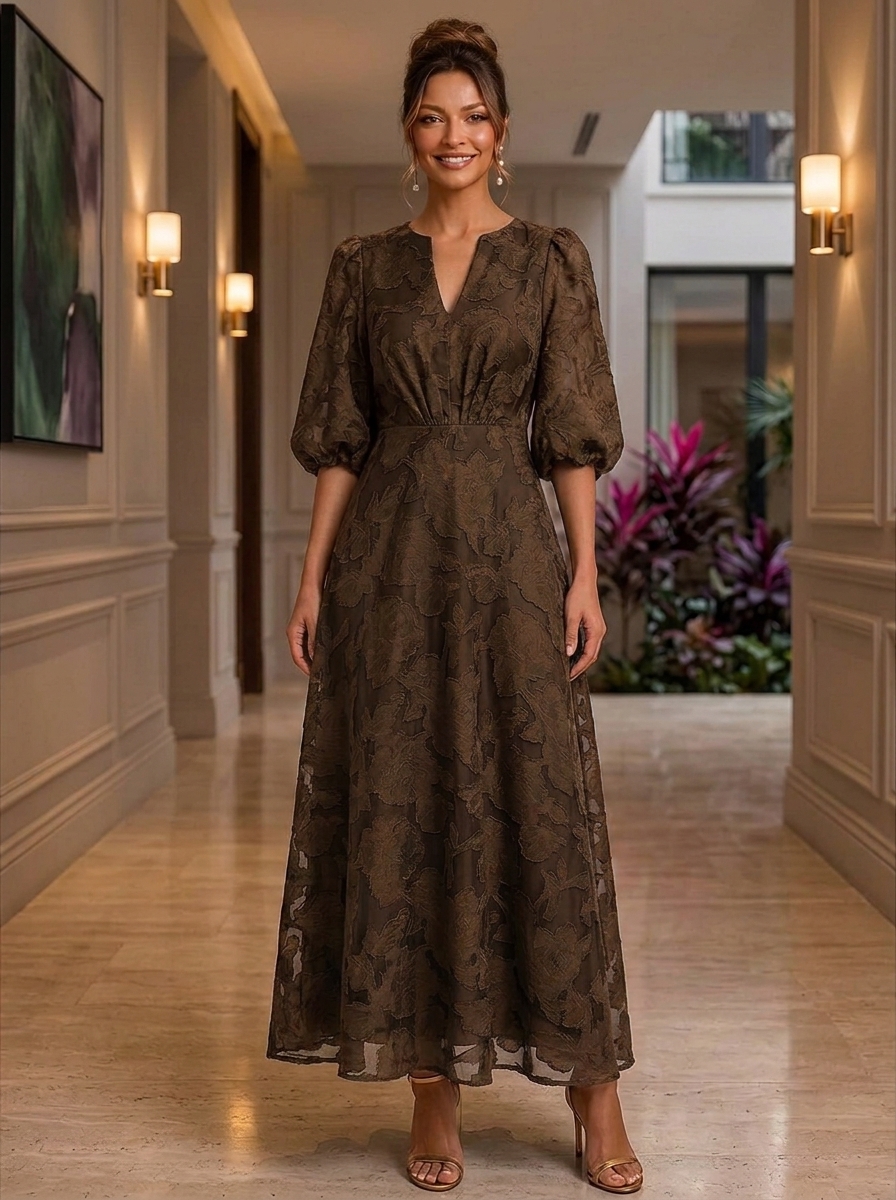3/4 Puff Sleeve Floral Jacquard Organza Evening Gown With Notch Neckline