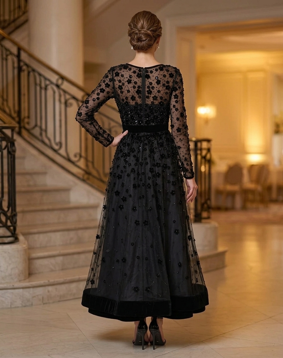 Long Sleeve 3D Floral Applique Tulle Evening Gown With Velvet Trim