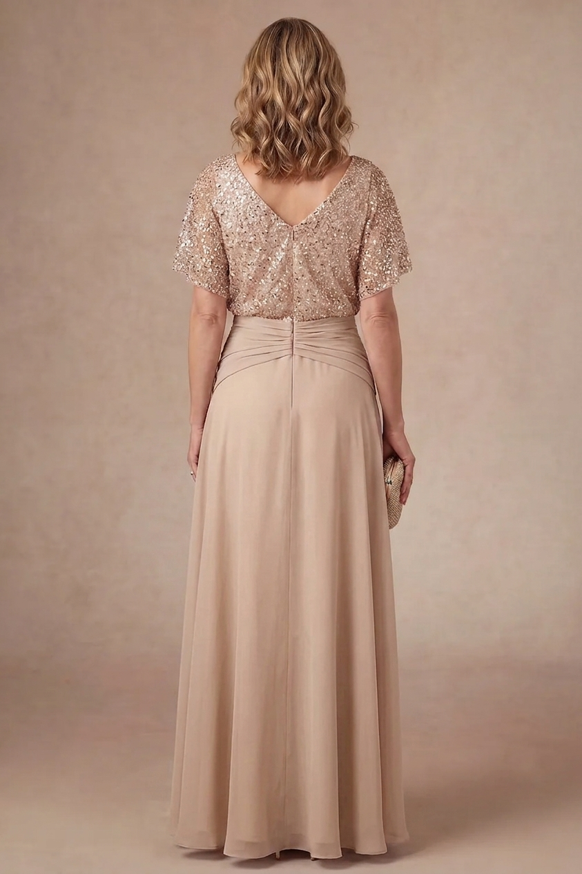 Champagne Sparkly Beaded V Neck High Low Mother of the Bride Dress