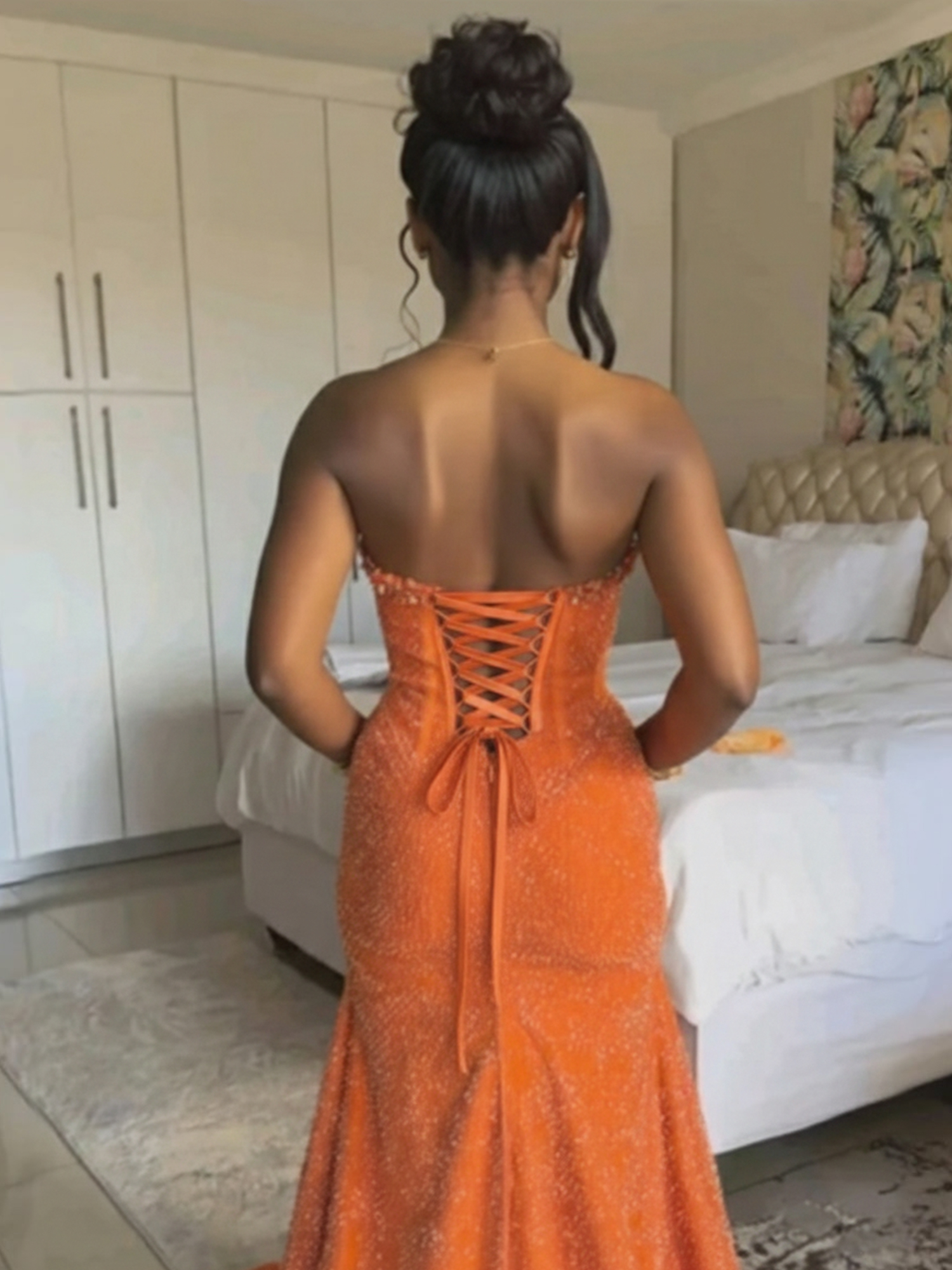 Glitter Strapless Mermaid Sequined Long Prom Dress with Slit