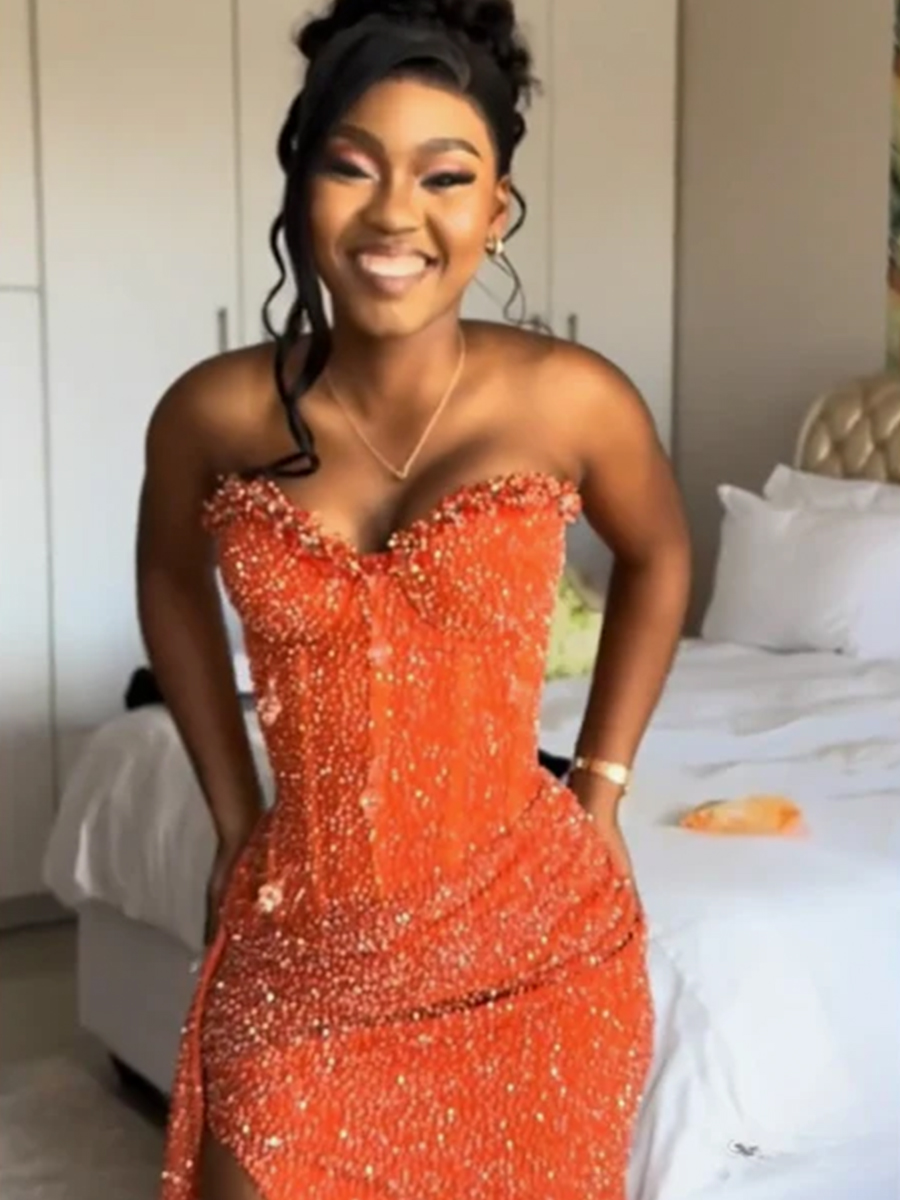 Glitter Strapless Mermaid Sequined Long Prom Dress with Slit