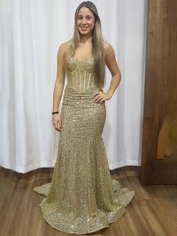 Sparkly Gold Mermaid Strapless Sequined Sleeveless Long Prom Dress