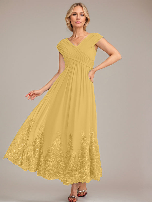 A-line V-Neck Ankle-Length Chiffon Mother of the Bride Dress With Applique Sequins