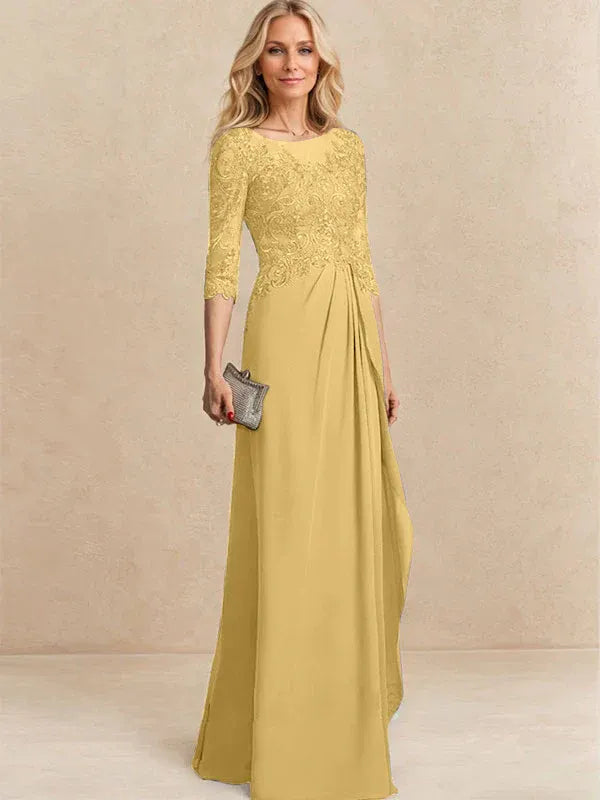 A-line Scoop Illusion Floor-Length Chiffon Lace Mother of the Bride Dress With Beading Sequins Cascading Ruffles