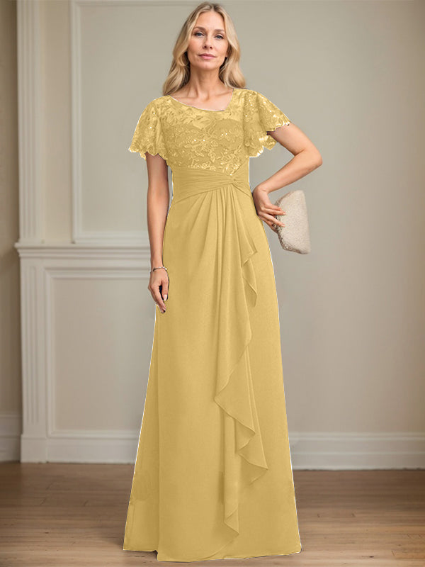 A-line Asymmetrical Illusion Floor-Length Lace Chiffon Mother of the Bride Dress With Cascading Ruffles Sequins