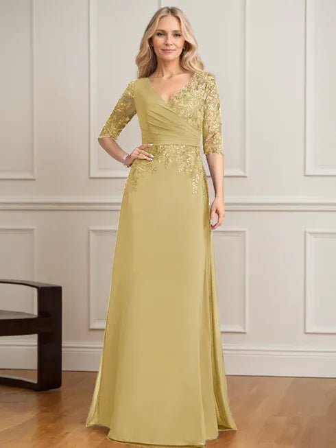 A-line V-Neck Floor-Length Lace Chiffon Mother of the Bride Dress With Pleated Sequins