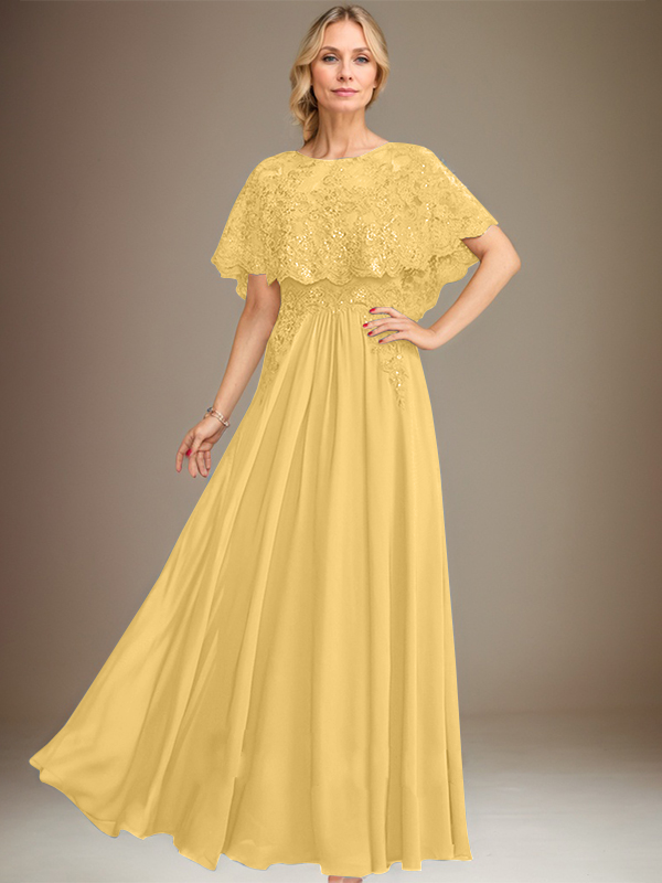 A-line Boat Neck Floor-Length Lace Chiffon Mother of the Bride Dress With Applique Sequins