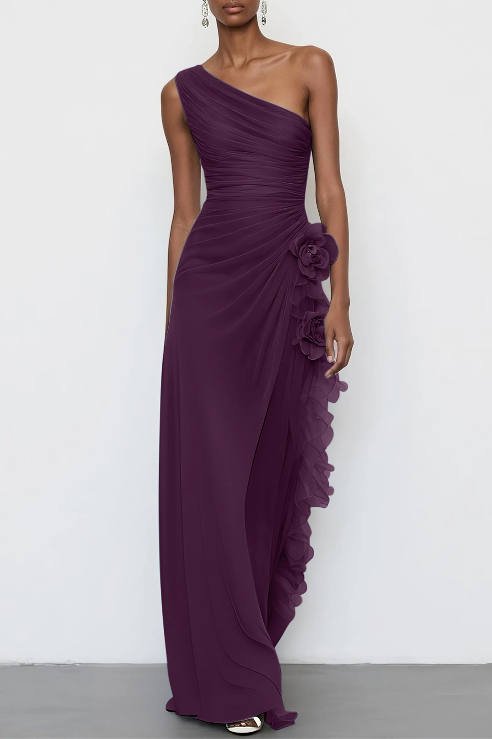 Light Blue 3D Floral Chiffon One Shoulder Sleeveless Sheath Maxi Dress