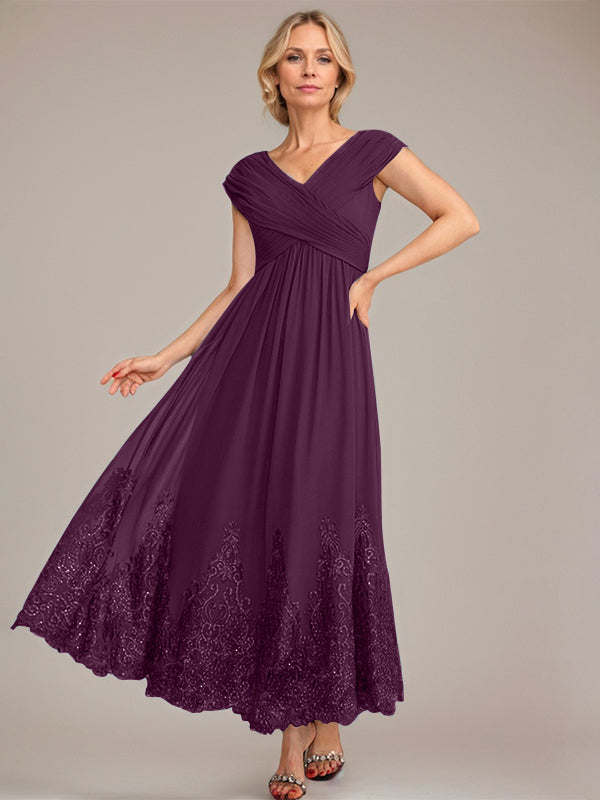A-line V-Neck Ankle-Length Chiffon Mother of the Bride Dress With Applique Sequins