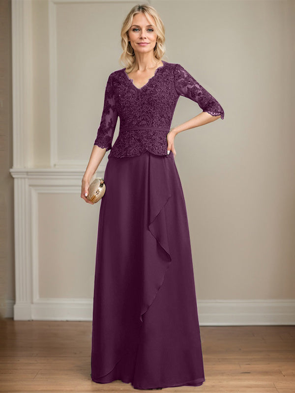 A-line V-Neck Floor-Length Lace Chiffon Mother of the Bride Dress With Cascading Ruffles Sequins